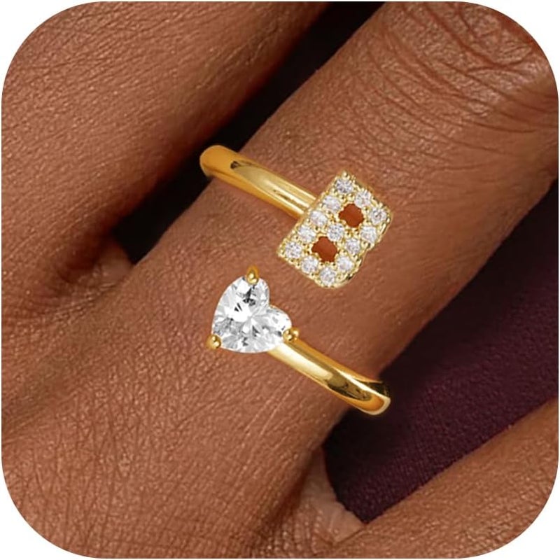 Treasure Bender Valentines Day Gifts Initial Gold Rings for Girls Women - Dainty 14K Gold Plated Adjustable Letter A-Z Rings Teen Girls Gifts Trendy Stuff Heart CZ Initial Ring Teens Birthday Gift - Image 1